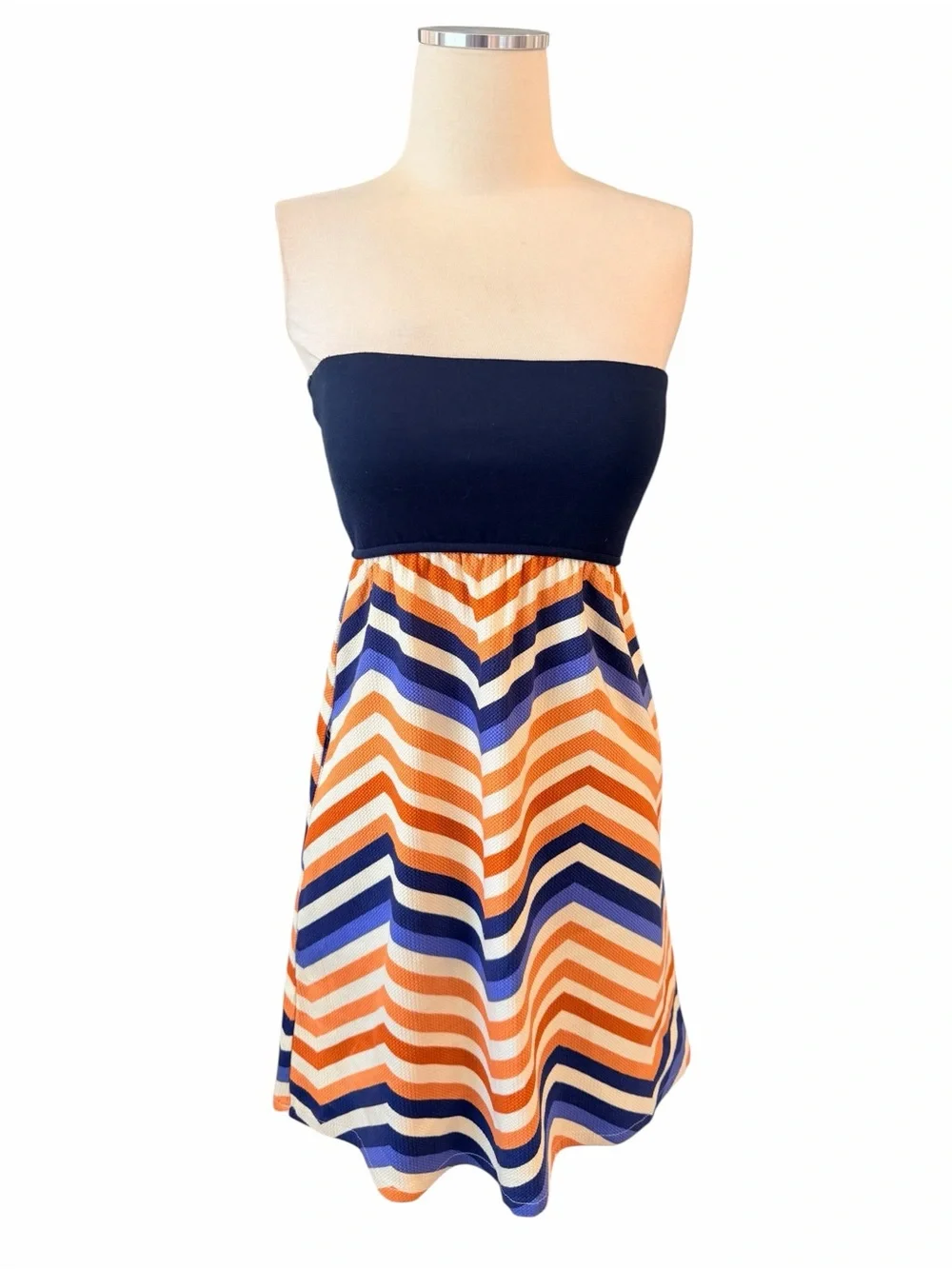 Anthropologie Judith March Navy Strapless Mini Dress Orange & White Chevron Sz S